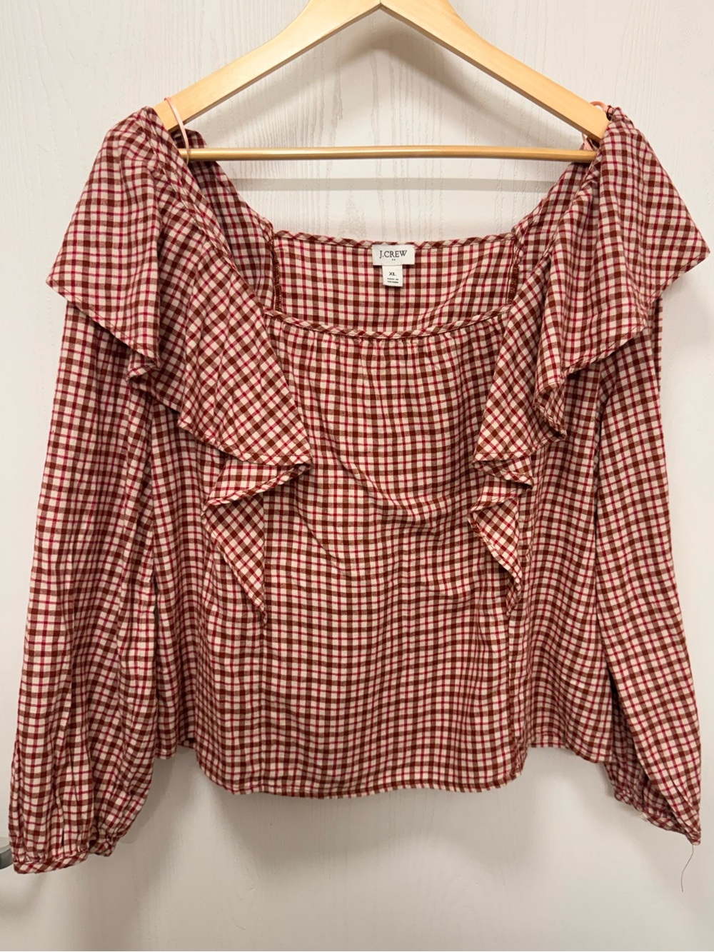 J.Crew Red Gingham Ruffle Square Neck Cotton Blouse Top XL - Picture 4 of 6